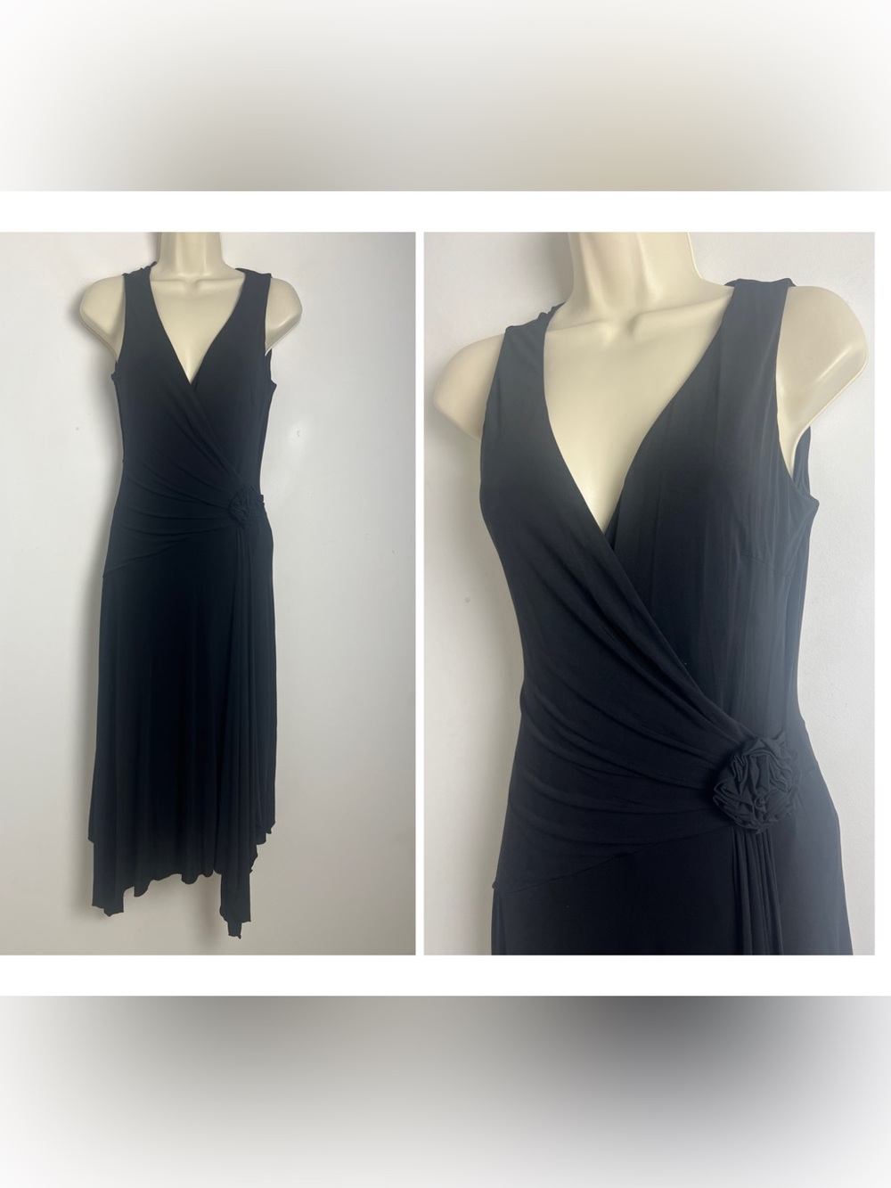 BCBGMaxAzria Small Black Sleeveless Draped Asymmetrical Hem Midi Dress Feminine